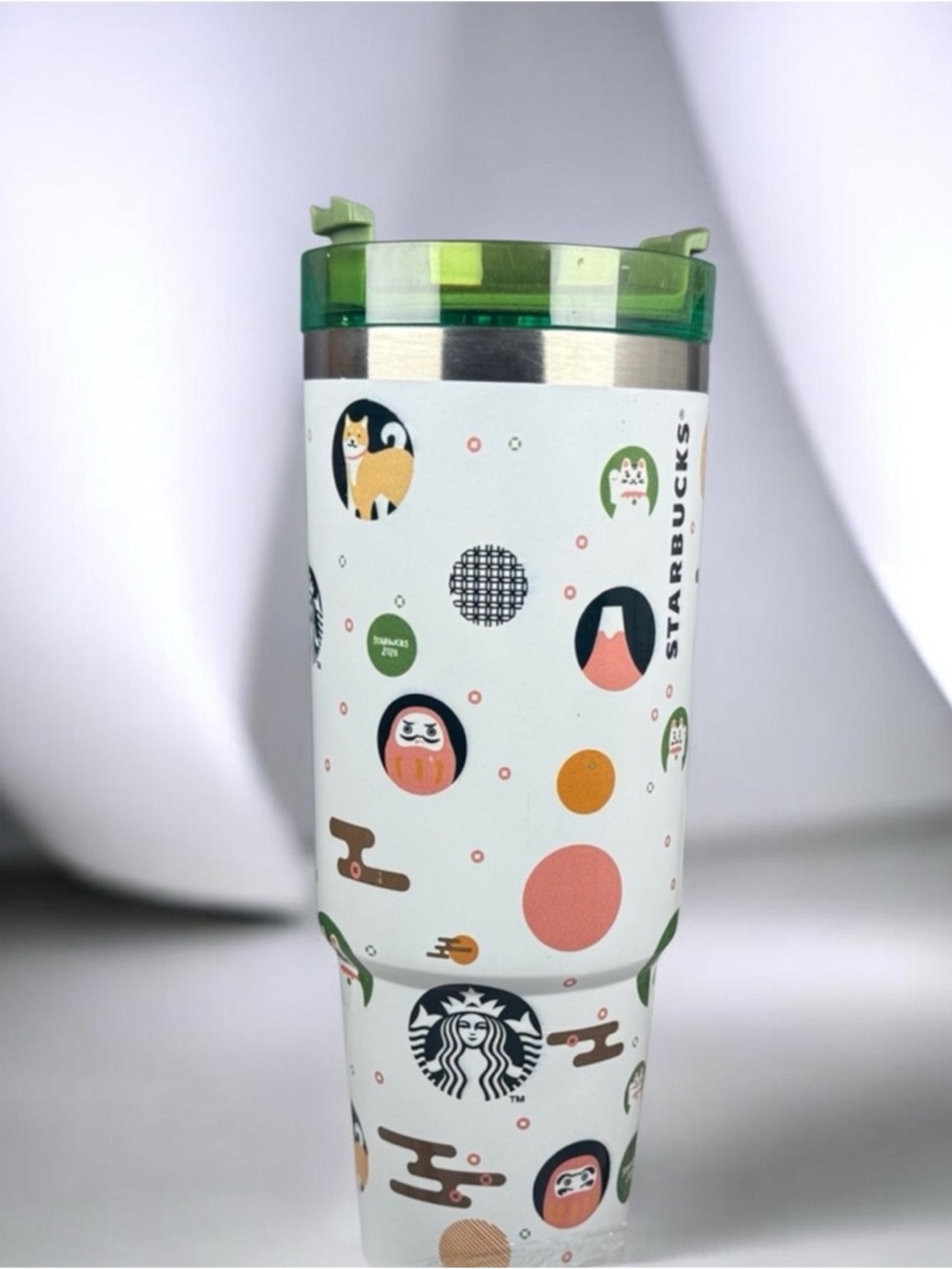 Starbucks White Tumbler with Green Lid and Multicolor Cats 🐈 Characters